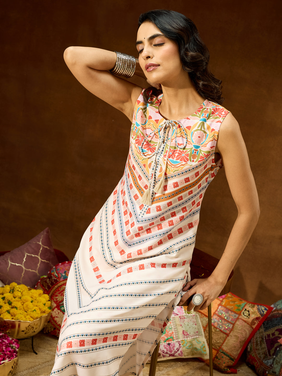 Women's Cream Cotton Blend Floral Printed Straight Co-ord Set