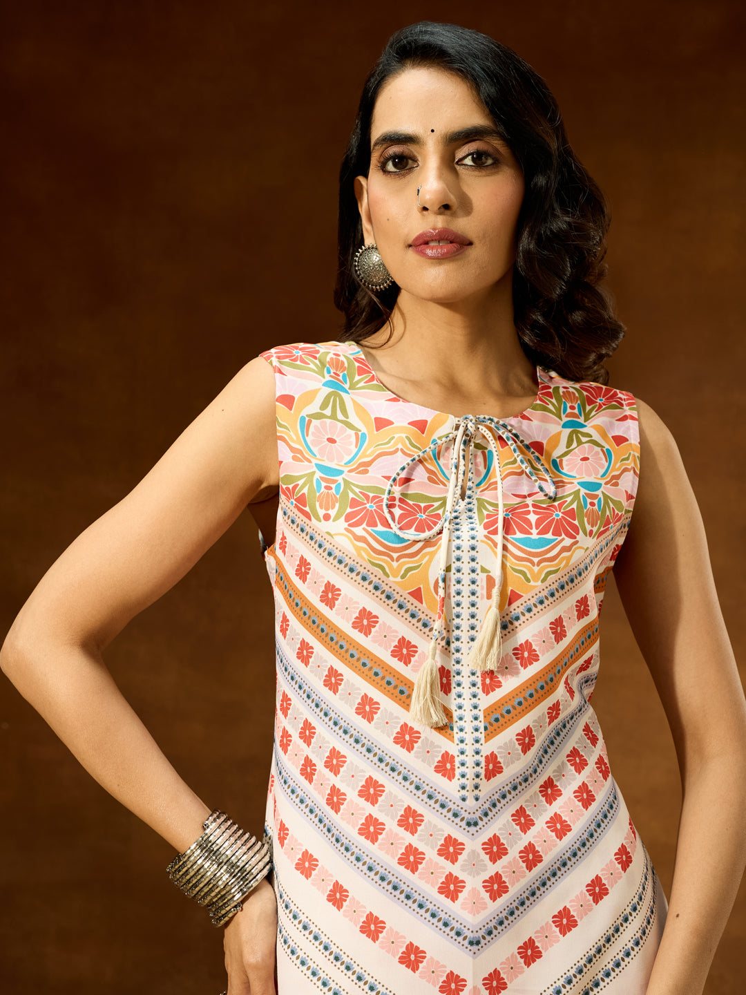 Women's Cream Cotton Blend Floral Printed Straight Co-ord Set