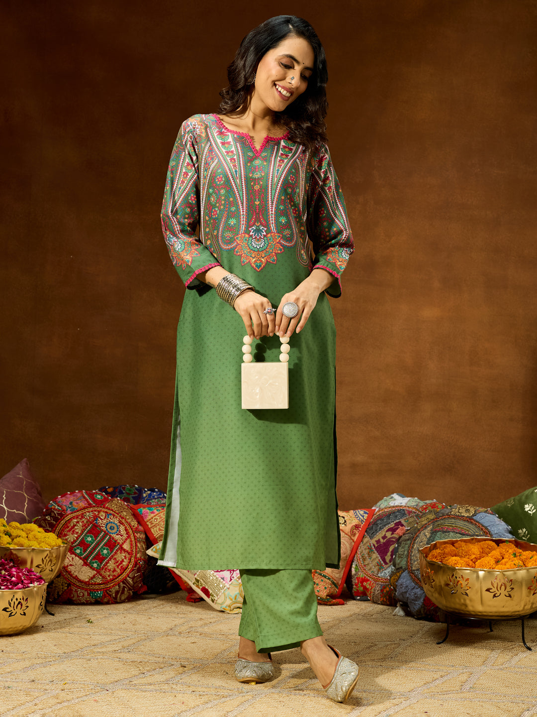 Women's Green Cotton Blend Printed Straight Co-ord Set