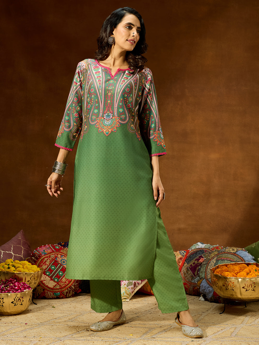 Women's Green Cotton Blend Printed Straight Co-ord Set