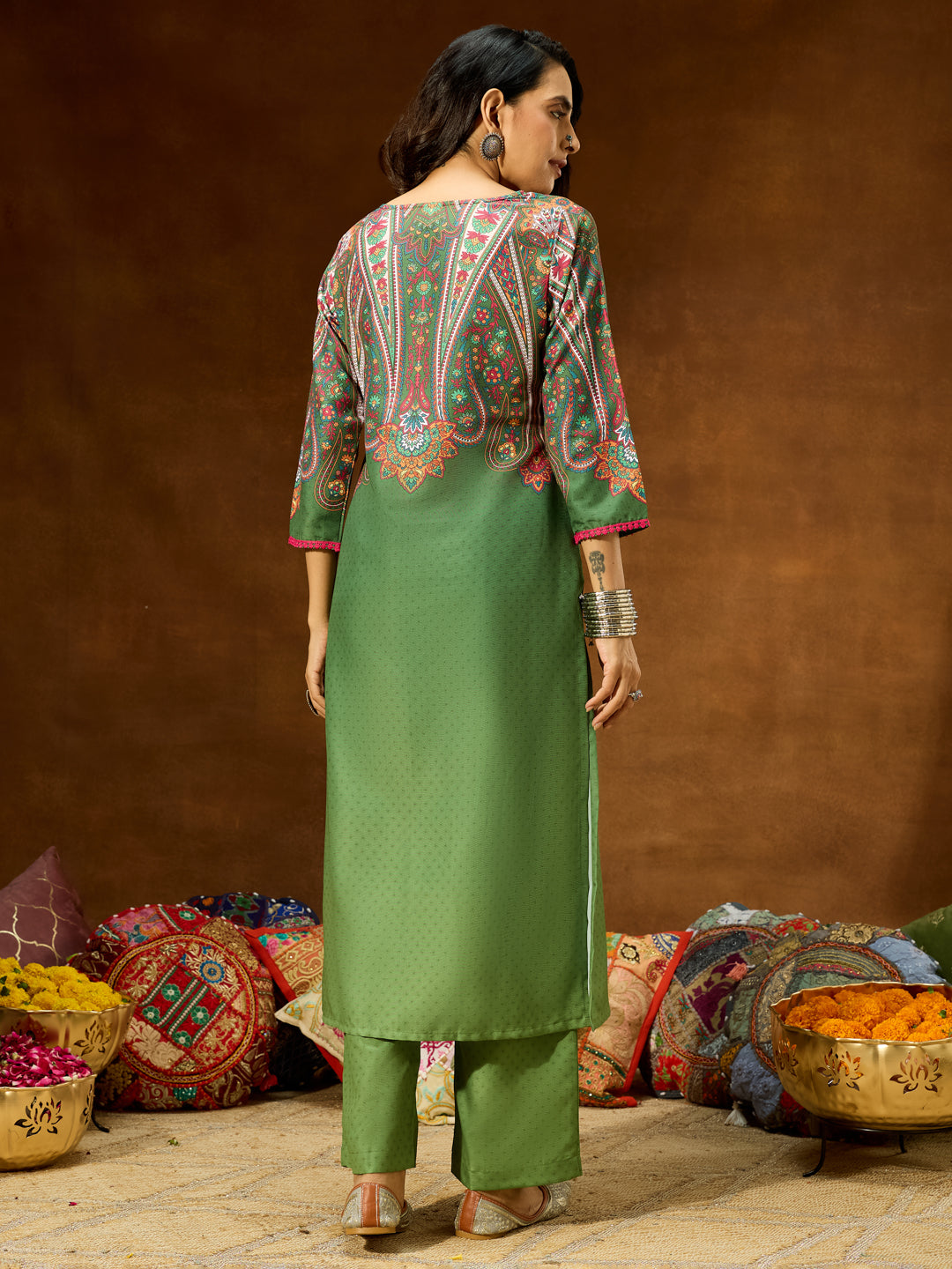 Women's Green Cotton Blend Printed Straight Co-ord Set