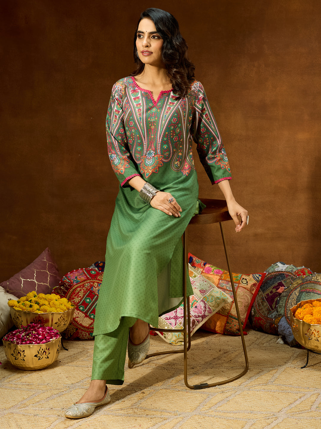 Women's Green Cotton Blend Printed Straight Co-ord Set