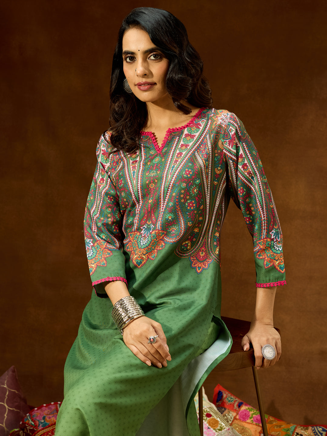 Women's Green Cotton Blend Printed Straight Co-ord Set