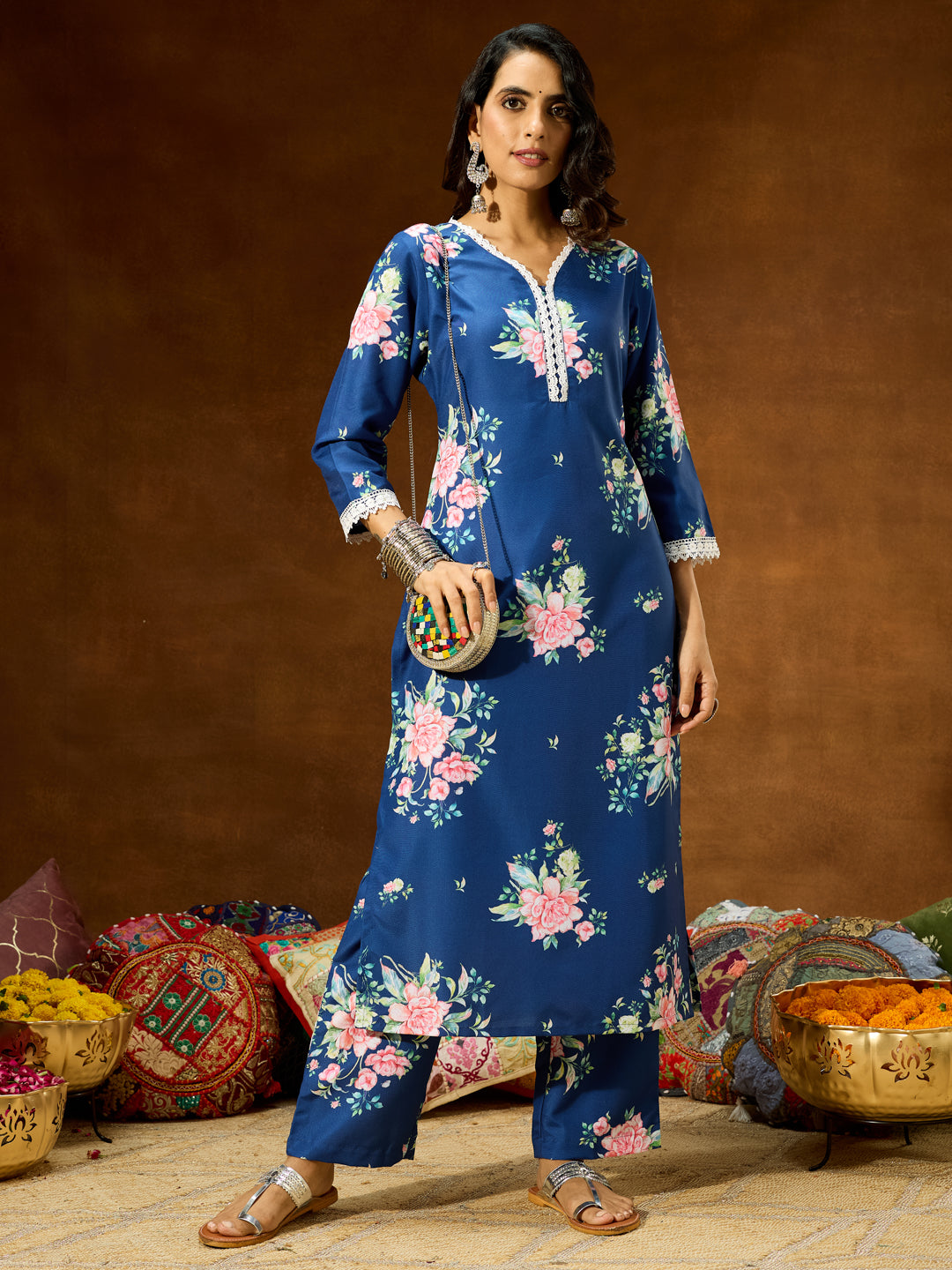 Women's Blue Cotton Blend Floral Printed Straight Co-ord Set