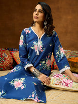 Women's Blue Cotton Blend Floral Printed Straight Co-ord Set
