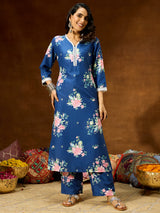 Women's Blue Cotton Blend Floral Printed Straight Co-ord Set