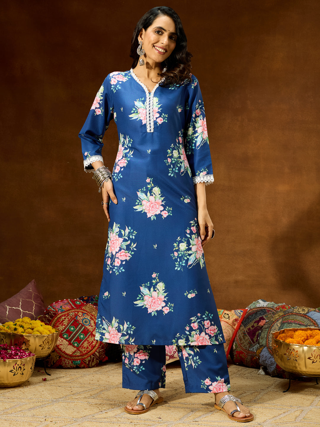 Women's Blue Cotton Blend Floral Printed Straight Co-ord Set