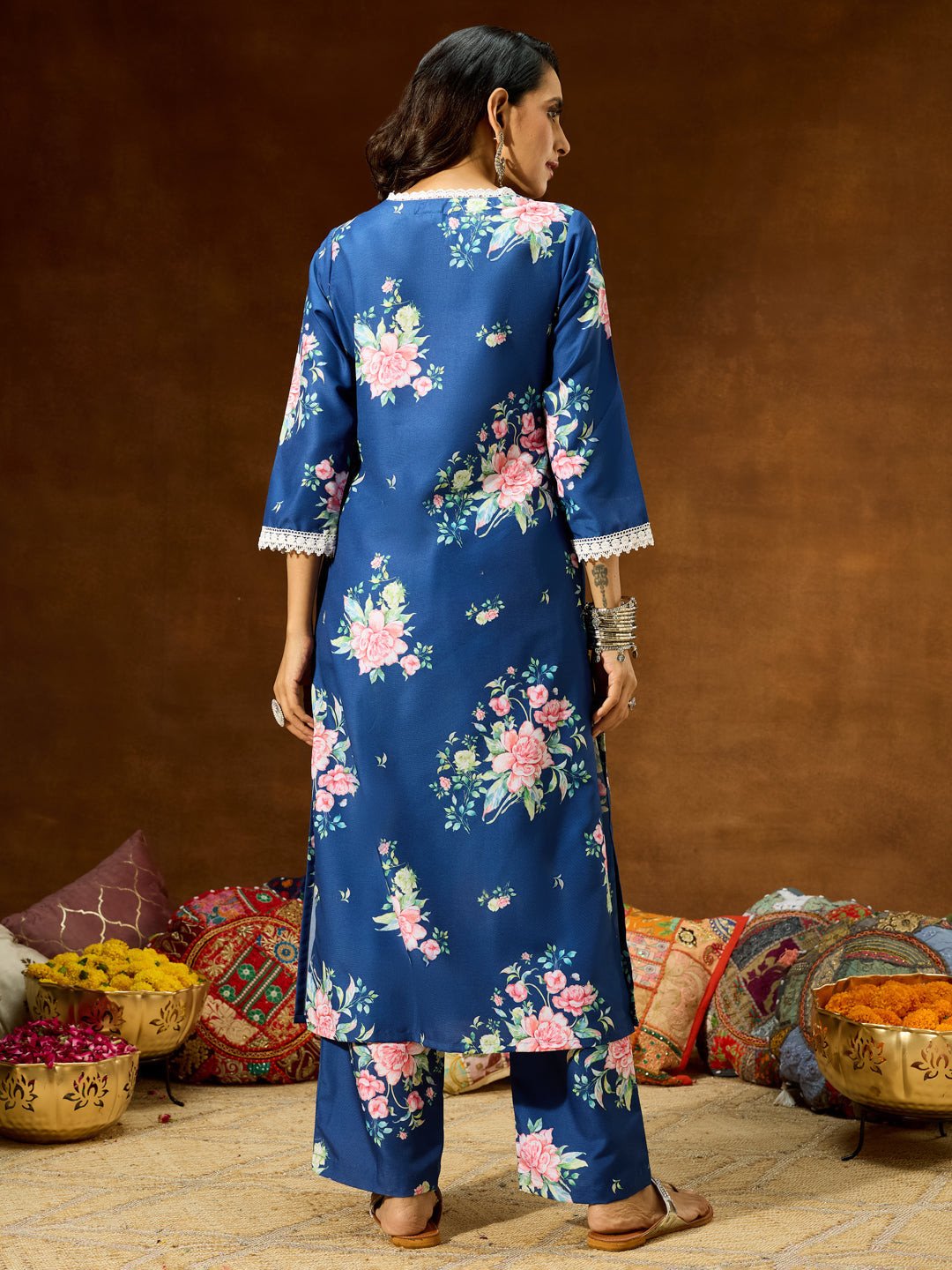 Women's Blue Cotton Blend Floral Printed Straight Co-ord Set