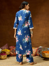 Women's Blue Cotton Blend Floral Printed Straight Co-ord Set