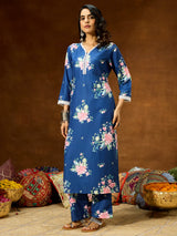 Women's Blue Cotton Blend Floral Printed Straight Co-ord Set