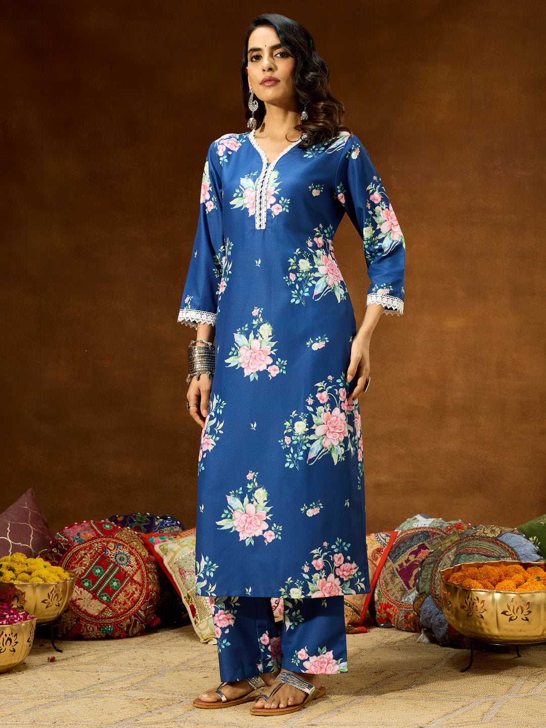 Women's Blue Cotton Blend Floral Printed Straight Co-ord Set