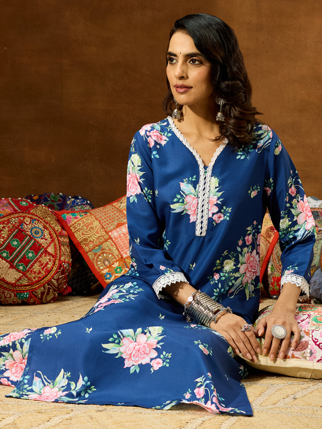 Women's Blue Cotton Blend Floral Printed Straight Co-ord Set