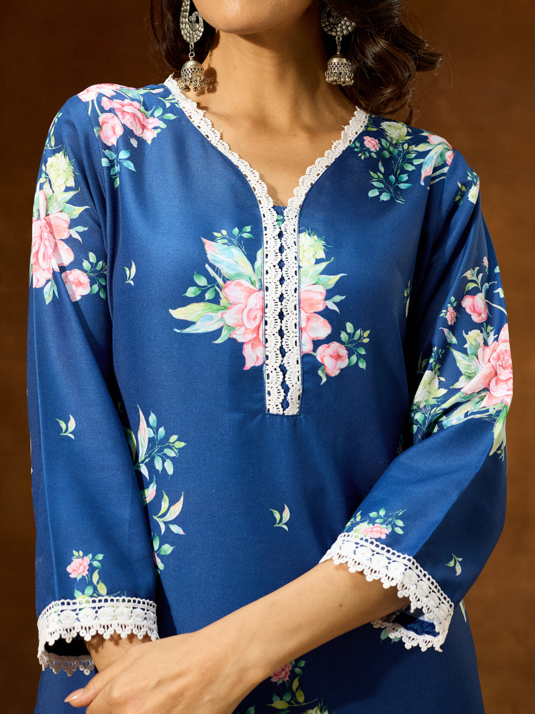 Women's Blue Cotton Blend Floral Printed Straight Co-ord Set