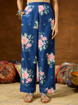 Women's Blue Cotton Blend Floral Printed Straight Co-ord Set