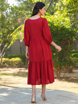 Red Rayon Solid Tiered Dress