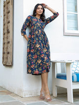 Navy Blue Pure Cotton Floral Printed A-line Dress