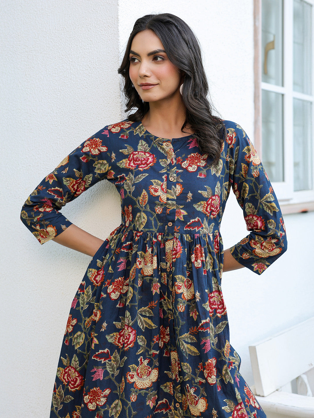Navy Blue Pure Cotton Floral Printed A-line Dress