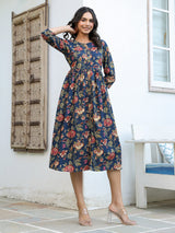 Navy Blue Pure Cotton Floral Printed A-line Dress