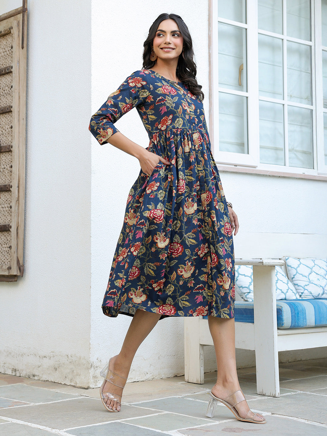 Navy Blue Pure Cotton Floral Printed A-line Dress
