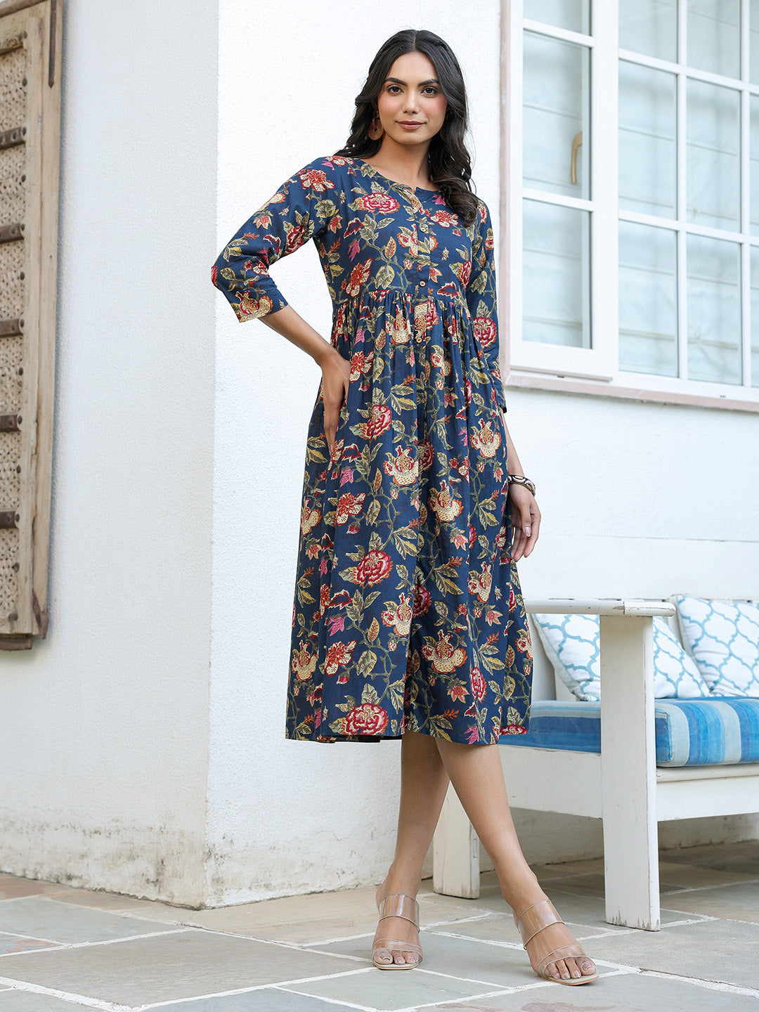 Navy Blue Pure Cotton Floral Printed A-line Dress