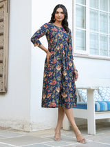 Navy Blue Pure Cotton Floral Printed A-line Dress