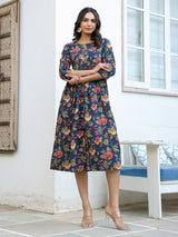 Navy Blue Pure Cotton Floral Printed A-line Dress