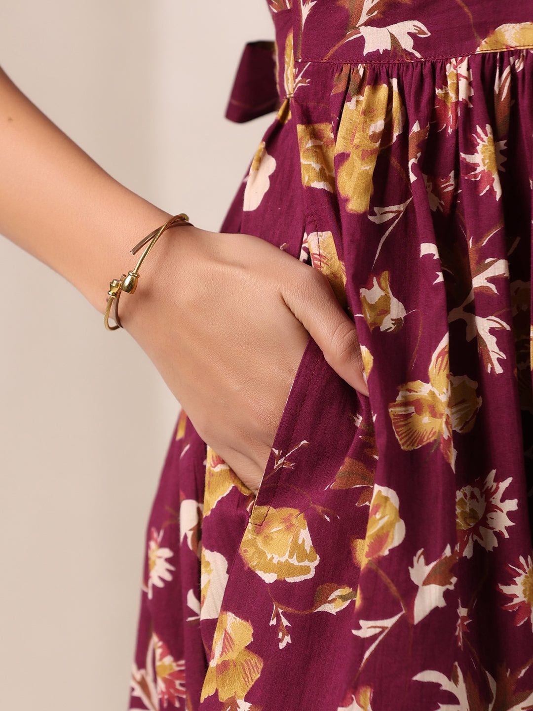 Wine Pure Cotton Floral Printed Gathered Dress