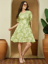 Women's Light Green Pure Cotton Floral Printed A-line Dress