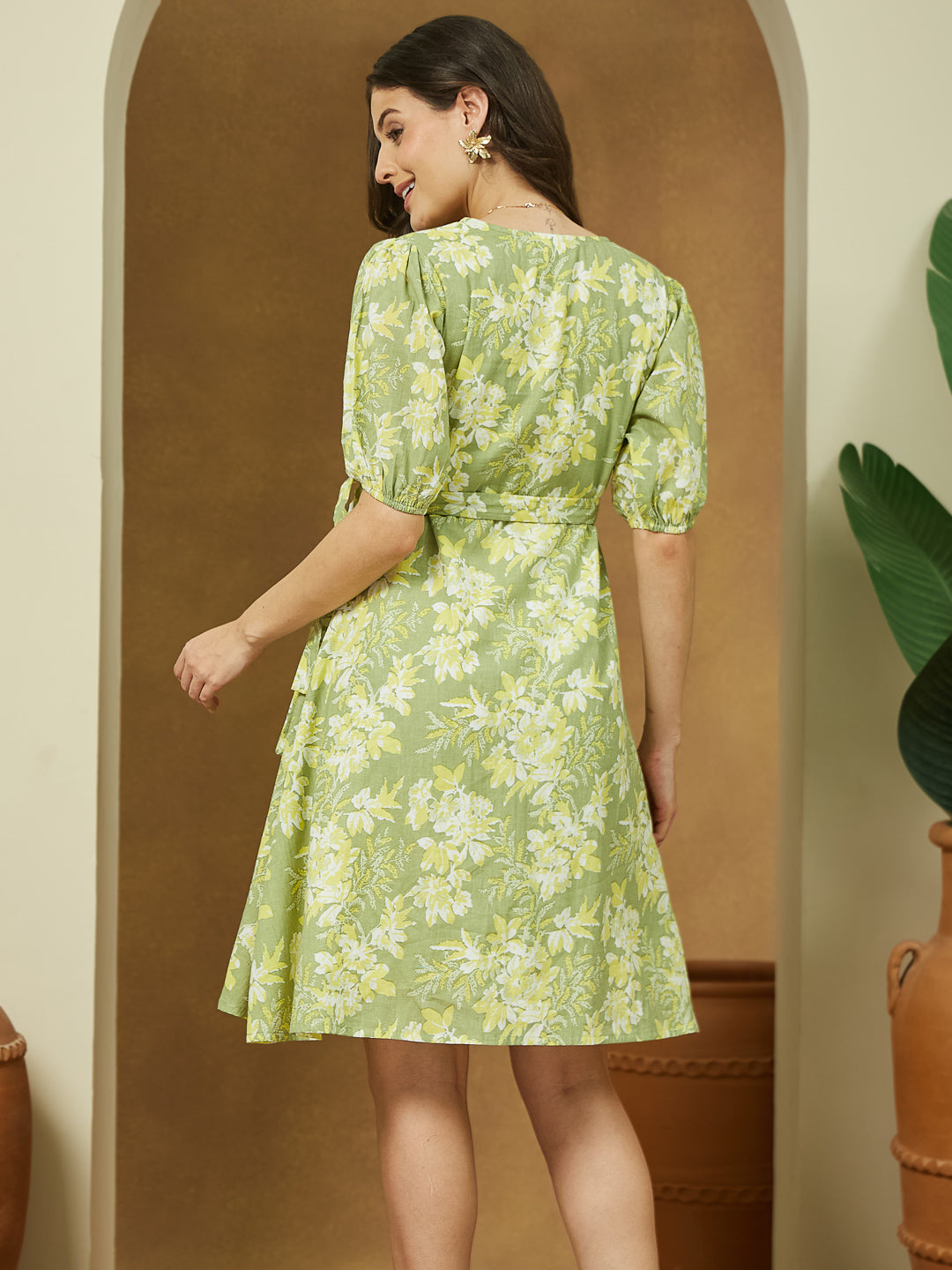 Women's Light Green Pure Cotton Floral Printed A-line Dress