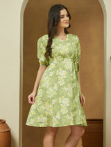 Women's Light Green Pure Cotton Floral Printed A-line Dress