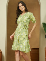 Women's Light Green Pure Cotton Floral Printed A-line Dress