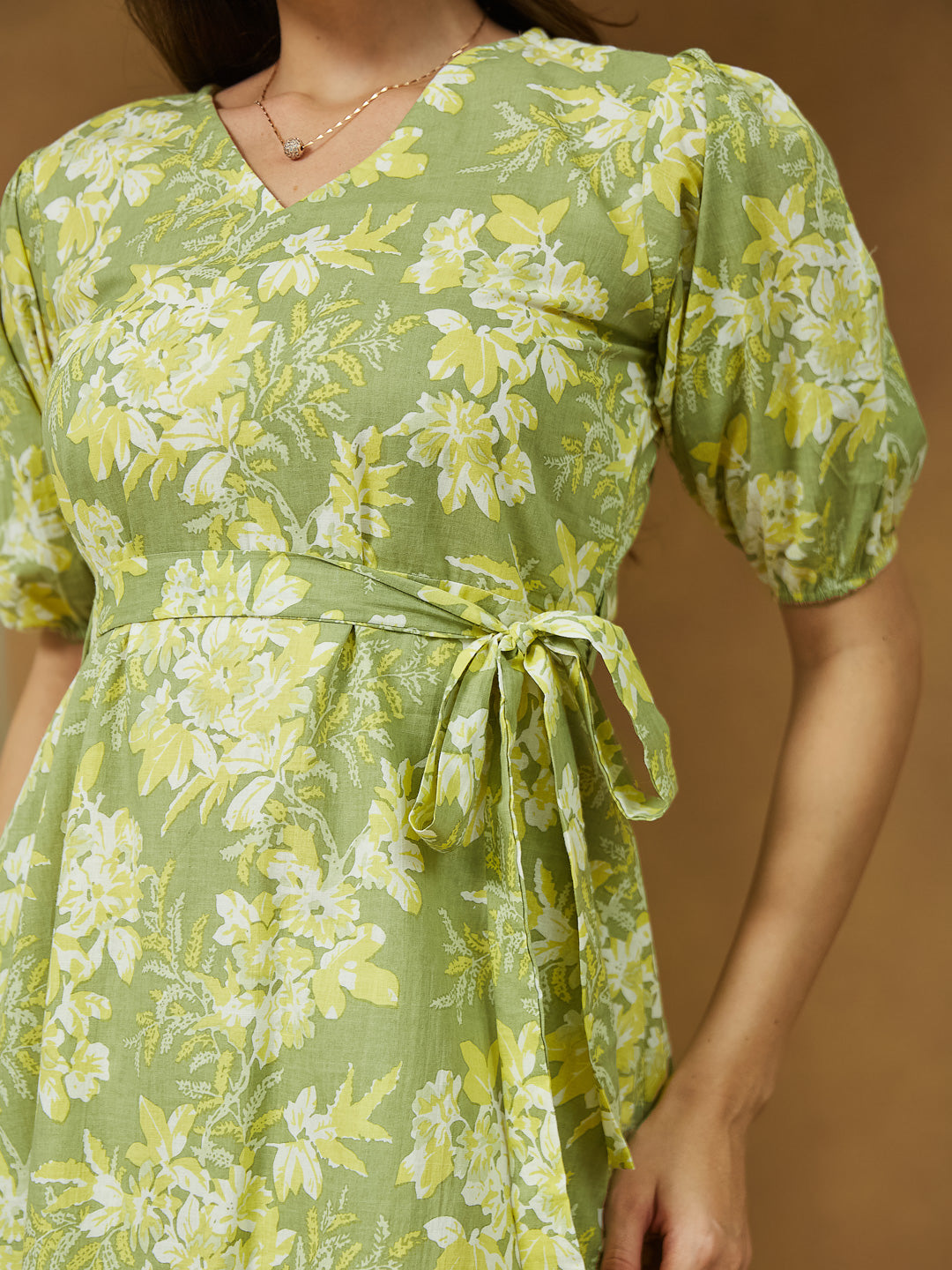 Women's Light Green Pure Cotton Floral Printed A-line Dress