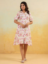 Women's Off White Linen Cotton Floral Printed A-line Button Down Shirt Dress