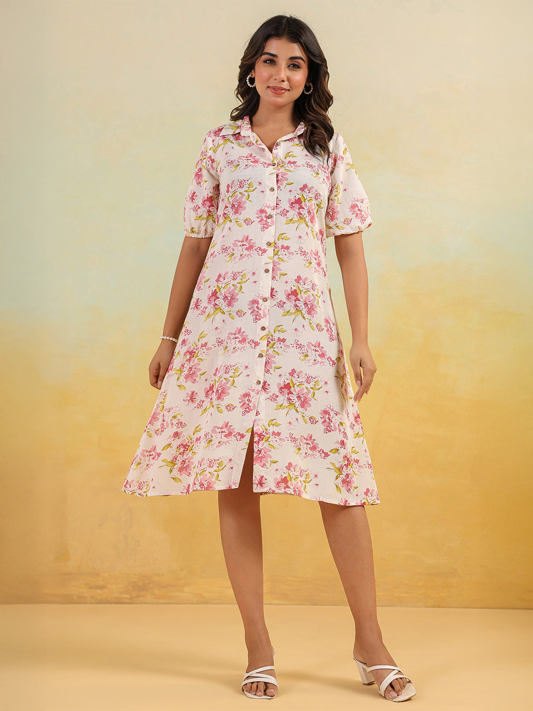 Women's Off White Linen Cotton Floral Printed A-line Button Down Shirt Dress