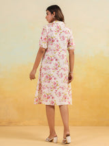 Women's Off White Linen Cotton Floral Printed A-line Button Down Shirt Dress