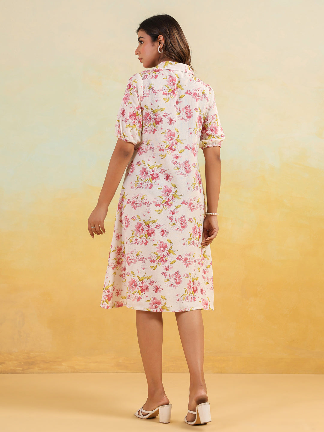 Women's Off White Linen Cotton Floral Printed A-line Button Down Shirt Dress