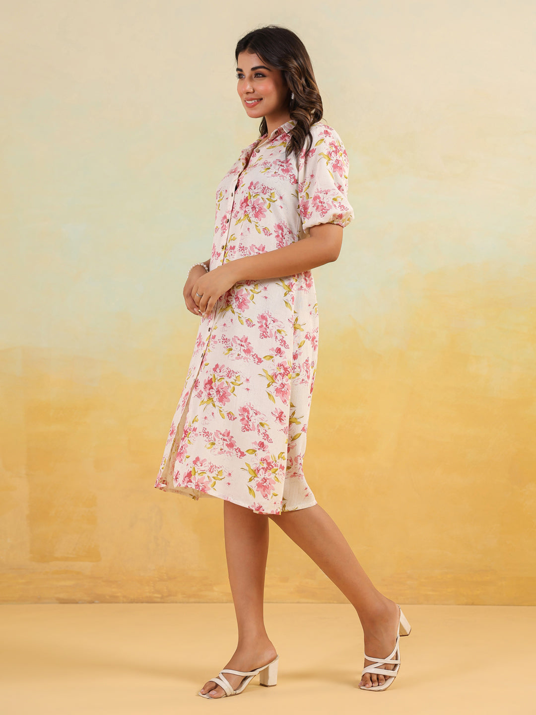 Women's Off White Linen Cotton Floral Printed A-line Button Down Shirt Dress