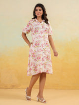 Women's Off White Linen Cotton Floral Printed A-line Button Down Shirt Dress