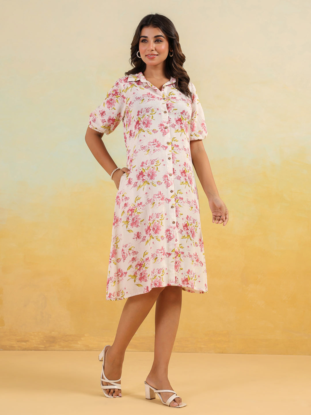 Women's Off White Linen Cotton Floral Printed A-line Button Down Shirt Dress