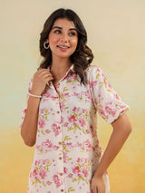 Women's Off White Linen Cotton Floral Printed A-line Button Down Shirt Dress