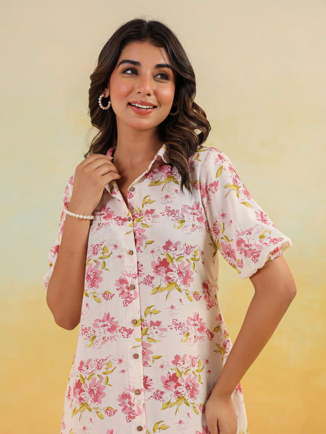 Women's Off White Linen Cotton Floral Printed A-line Button Down Shirt Dress