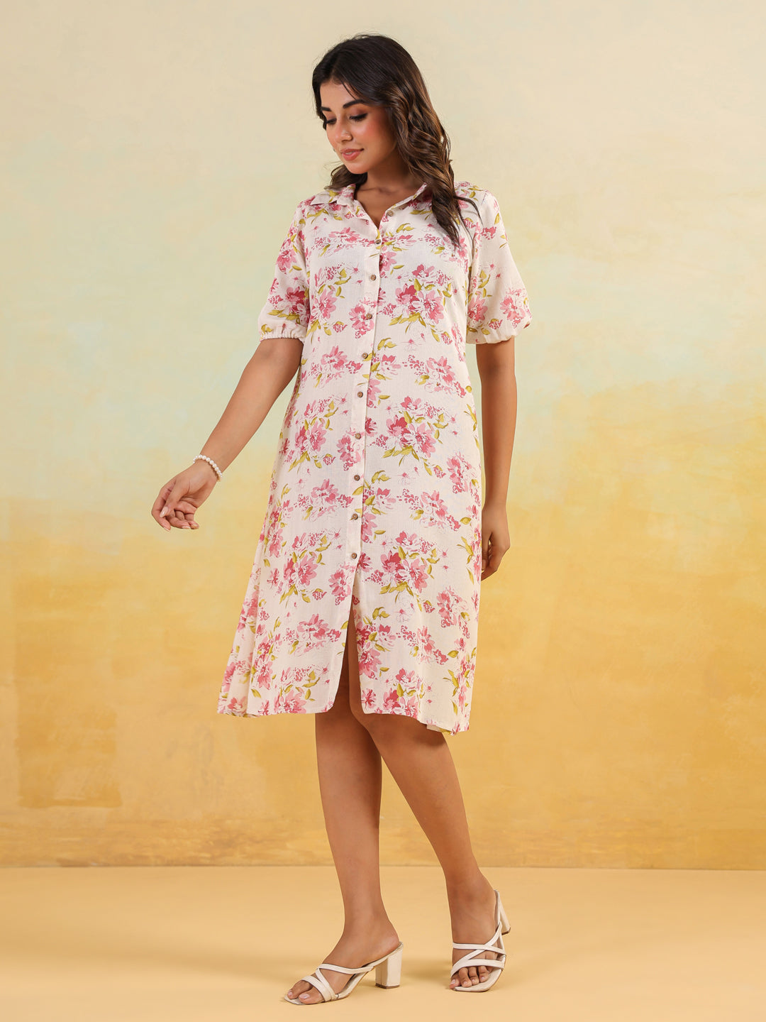 Women's Off White Linen Cotton Floral Printed A-line Button Down Shirt Dress