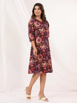 Women's Wine Pure Cotton Floral Peinted A-line Dress