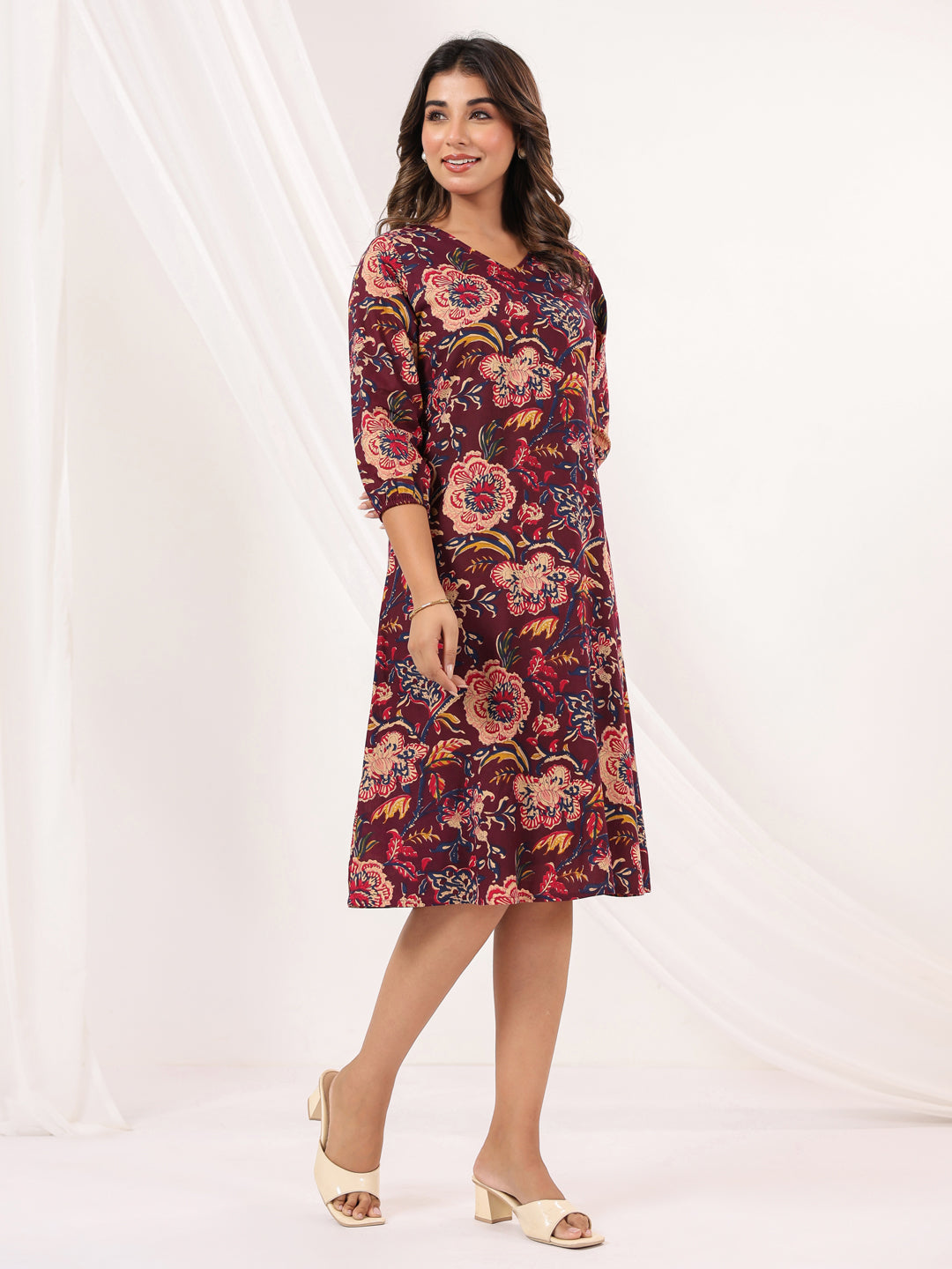 Women's Wine Pure Cotton Floral Peinted A-line Dress