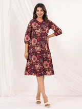 Women's Wine Pure Cotton Floral Peinted A-line Dress