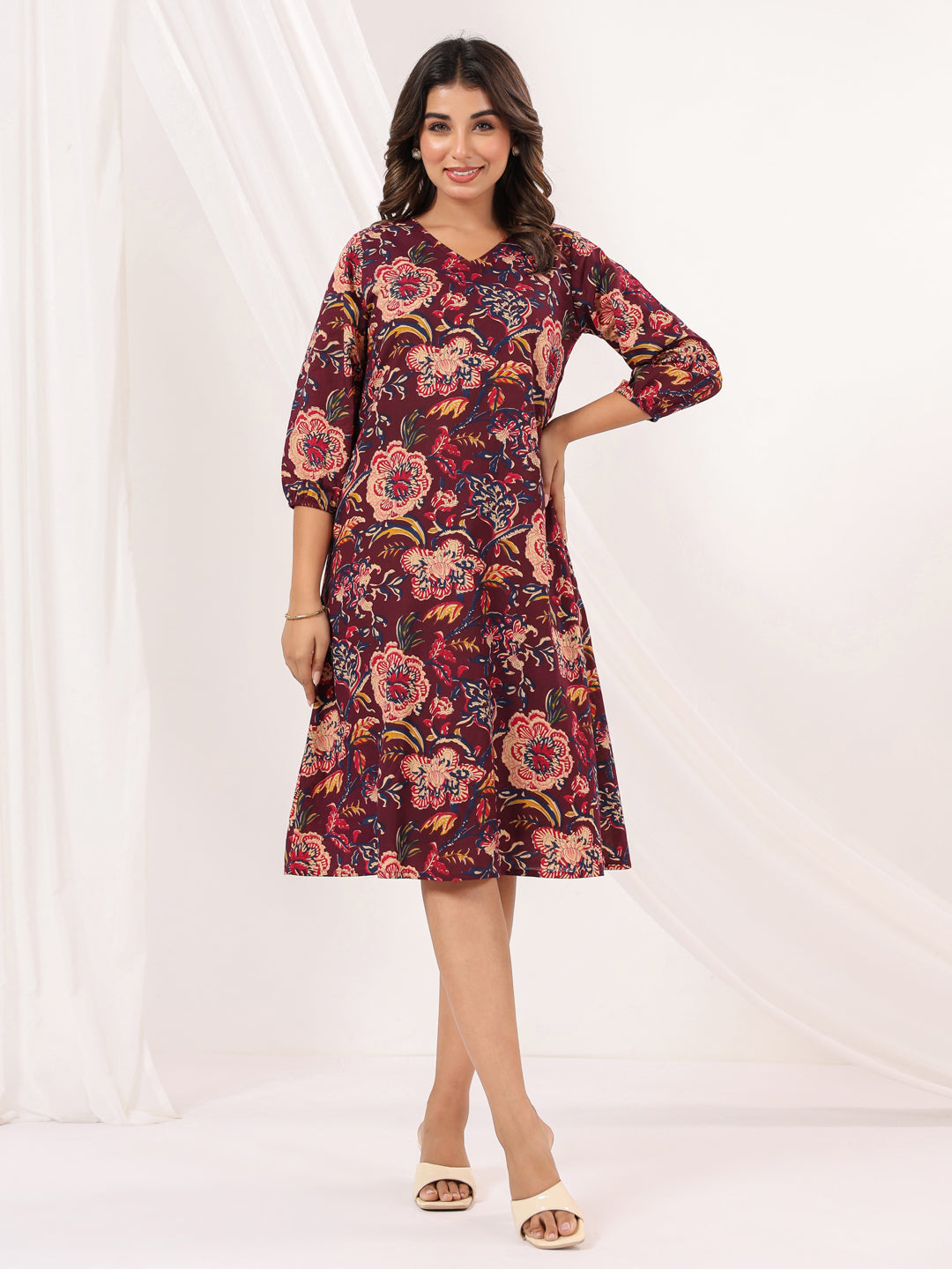 Women's Wine Pure Cotton Floral Peinted A-line Dress
