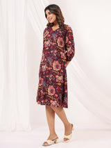 Women's Wine Pure Cotton Floral Peinted A-line Dress