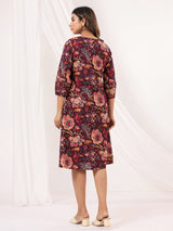 Women's Wine Pure Cotton Floral Peinted A-line Dress