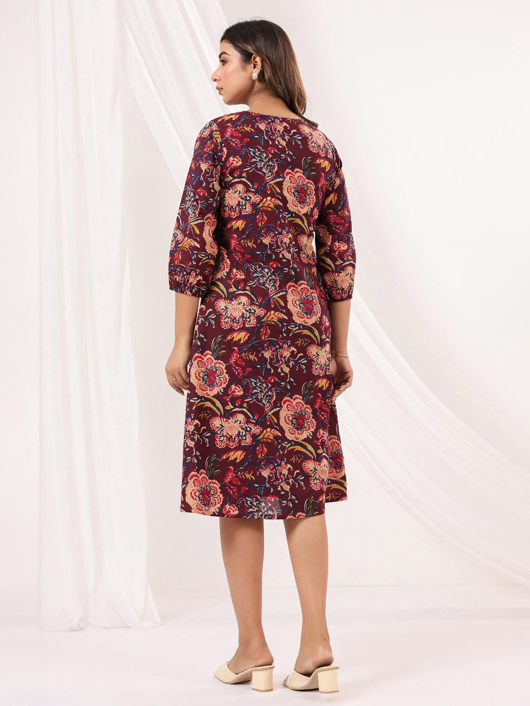 Women's Wine Pure Cotton Floral Peinted A-line Dress