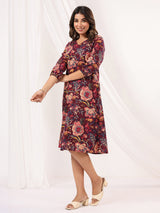 Women's Wine Pure Cotton Floral Peinted A-line Dress